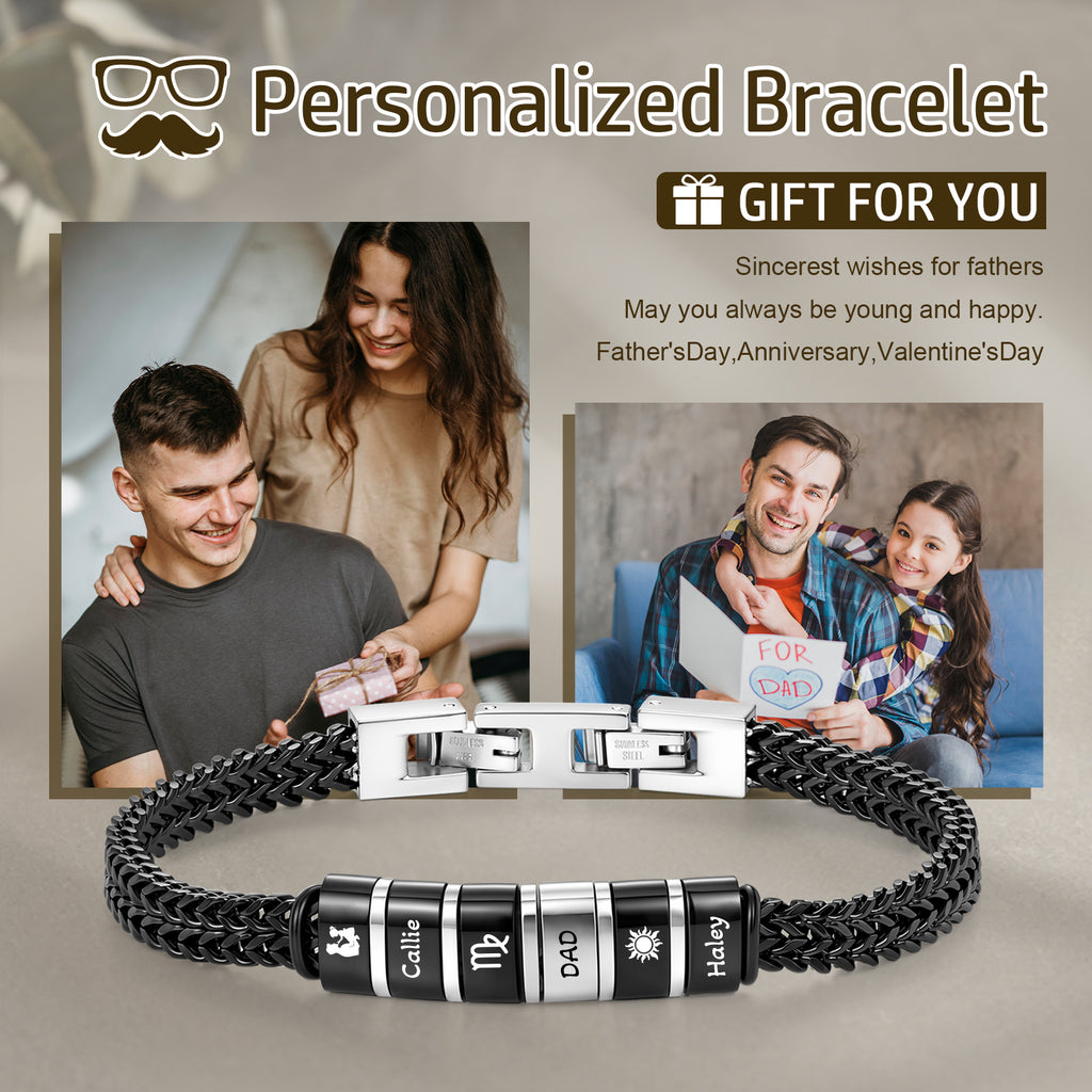 Men's Personalized Bracelet – Engraved Names, Dates & Icons, Adjustable Stainless Steel