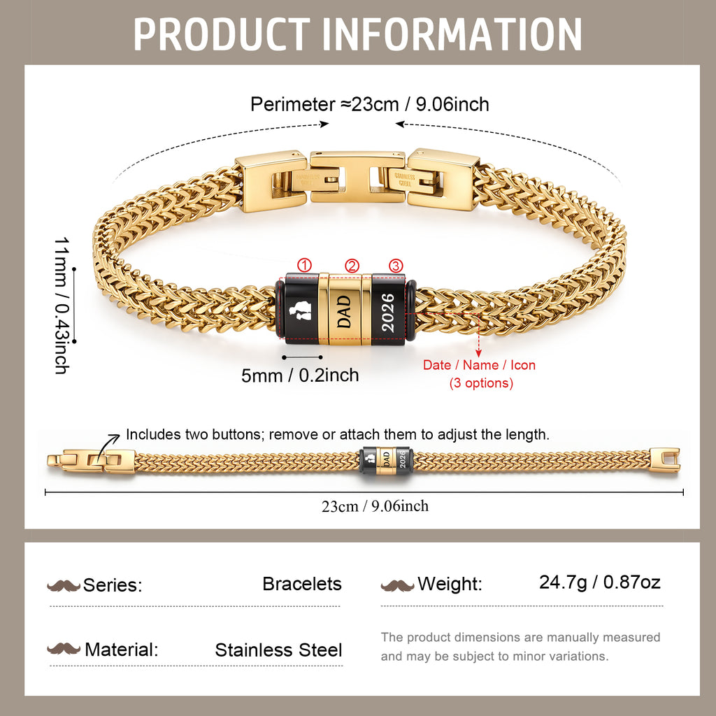 Men's Personalized Bracelet – Engraved Names, Dates & Icons, Adjustable Stainless Steel