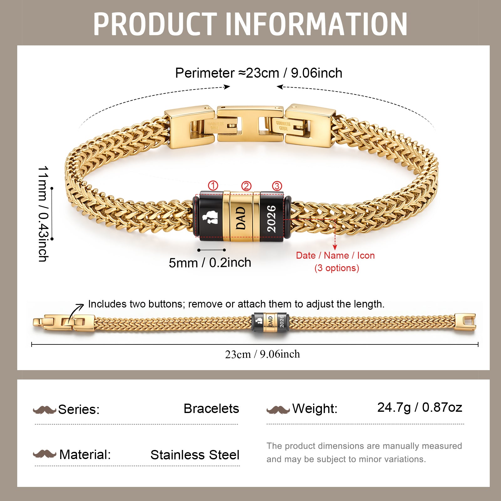 Men's Personalized Bracelet – Engraved Names, Dates & Icons, Adjustable Stainless Steel